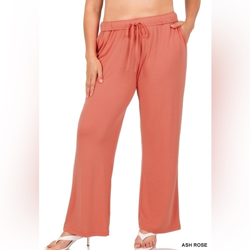 Zenana Plus Size Drawstring Flowy Loose Ash Rose Pants